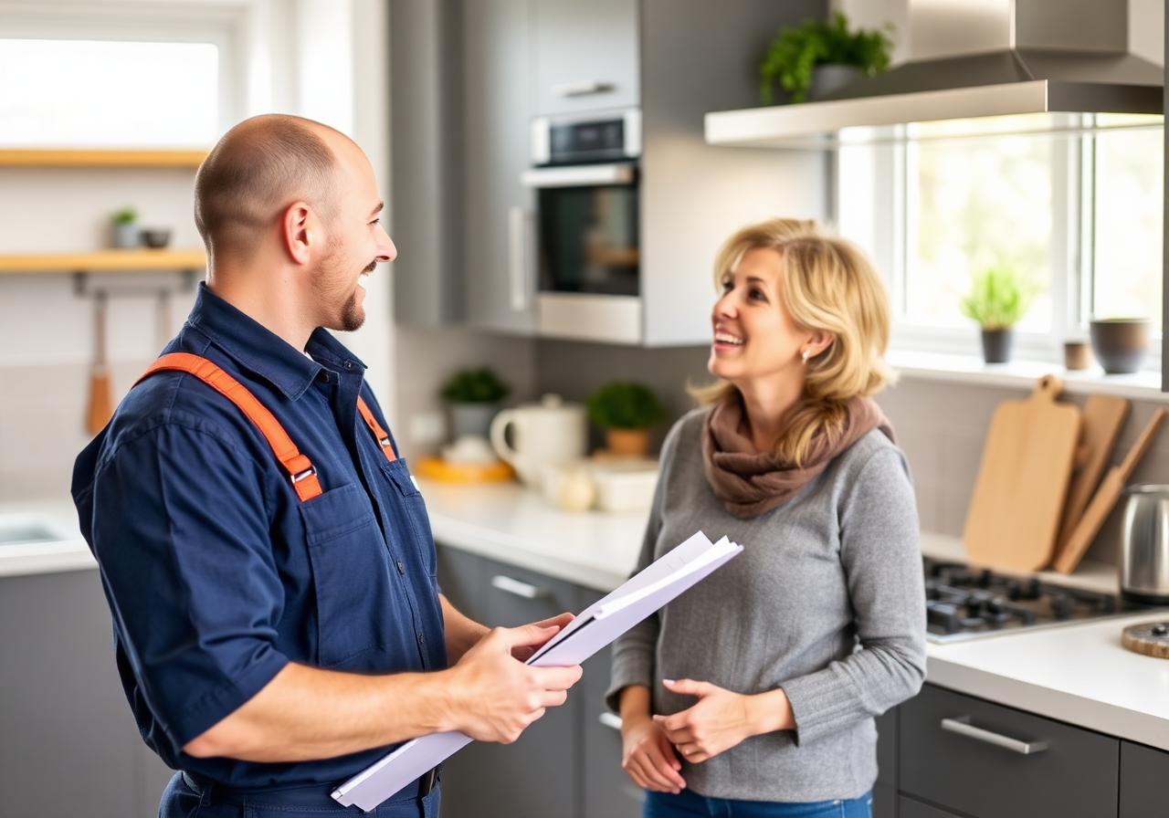 Web Design Bridgend — British plumber discussing work with a happy client in a Bridgend home